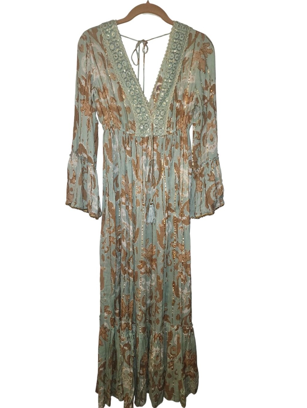 Stunning Metallic Sumitra Gold Trim Beaded Detail Bohemian Maxi Dress |FREE SIZE